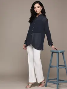 Label Ritu Kumar Women Navy Blue Striped Casual Shirt