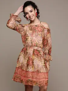 Label Ritu Kumar Peach-Coloured & Beige Ethnic Motifs Printed Chiffon A-Line Dress