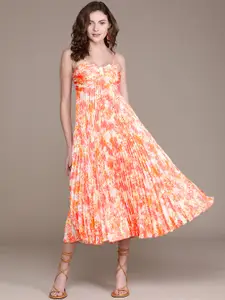 Label Ritu Kumar Off White & Orange Floral Jacquard A-Line Midi Dress