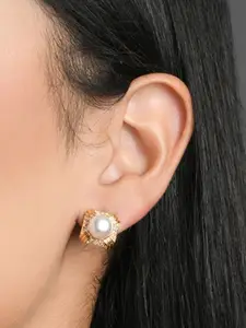 Fida Gold-Plated & White Pearl Studded Contemporary Studs Earrings