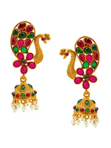 Shining Jewel - By Shivansh Gold-Toned Peacock Shaped Jhumkas Earrings
