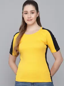 Q-rious Women Yellow & Black Colourblocked Slim Fit T-shirt