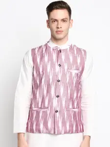 DEVOILER Men Pink & White Printed Pure Cotton Nehru Jackets