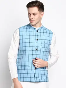 DEVOILER Men's Blue Checked Woven Pure Cotton Nehru Jackets
