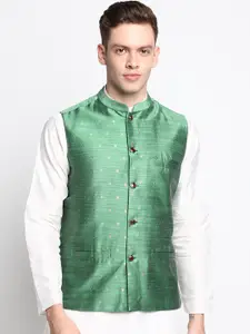 DEVOILER Men's Green Printed Woven Nehru Jackets