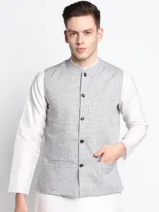 DEVOILER Men Grey Checked Woven Pure Cotton Nehru Jackets