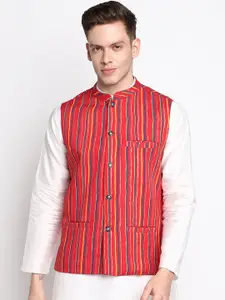 DEVOILER Men Red Striped Printed Pure Cotton Nehru Jackets