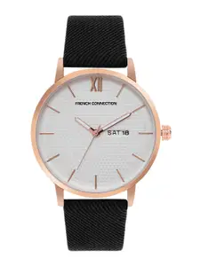 French Connection Men Rose Gold-Toned Dial & Black Leather Straps Analogue Watch