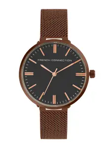 French Connection Women Black Dial & Brown Stainless Steel Bracelet Style Straps Analogue Watch