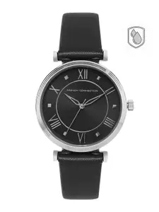 French Connection Women Black Embellished Dial & Black Leather Straps Analogue Watch FCP32SL