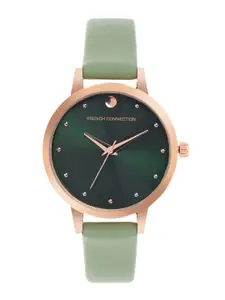 French Connection Women Green Embellished Dial & Leather Straps Analogue Watch FCN00017H