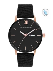 French Connection Men Black Printed Dial & Black Leather Straps Analogue Watch FCN00034B
