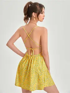 AAHWAN Women Yellow Floral Print Casual Backless Dress