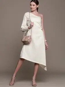 bebe Women Off-White Brighter Basics One Shoulder A-Line Midi Dress