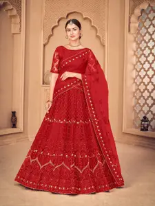 Atsevam Red & Gold-Toned Embroidered Thread Work Tie and Dye Semi-Stitched Lehenga & Unstitched Blouse With