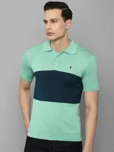 Louis Philippe Jeans Men Green Colourblocked Polo Collar Pure Cotton Slim Fit T-shirt