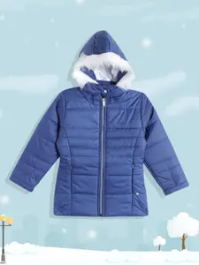 Okane Girls Blue Solid Detachable Hood Parka Jacket