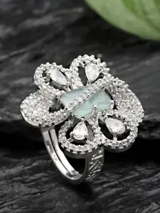 KARATCART womens Silver-Plated Light Green CZ Studded Adjustable Finger Ring