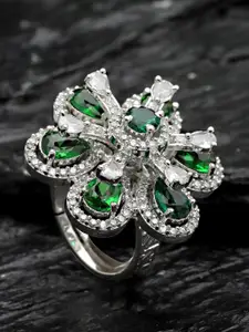 KARATCART Women Green Cubic Zirconia Studded Silver Tone Adjustable Ring