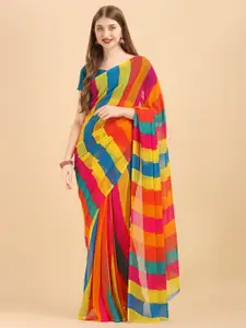 Sangria Yellow & Turquoise Blue Colourblocked Pure Chiffon Saree
