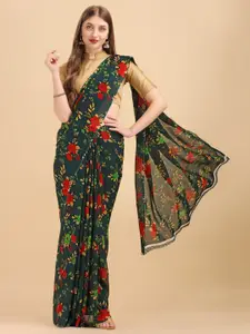 Sangria Green & Red Floral Pure Georgette Saree
