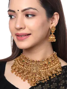 Yellow Chimes Gold Plated Traditional Temple Beads Drop Bridal Choker Necklace Set