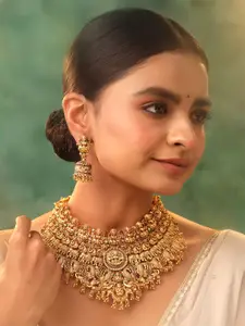 Yellow Chimes Gold Plated Traditional Temple Beads Drop Bridal Choker Necklace Set