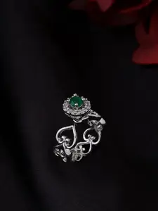 Yellow Chimes Women Silver-Plated Green Studded Heart Shaped Adjustable Finger Ring