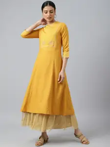 W Women Dark Yellow A-line Embroidered Kurta with Sequins