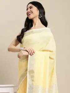 SANGAM PRINTS Yellow Solid Linen Blend Saree