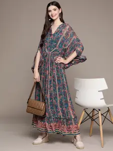 aarke Ritu Kumar Teal & Maroon Ethnic Motifs Georgette Maxi Dress