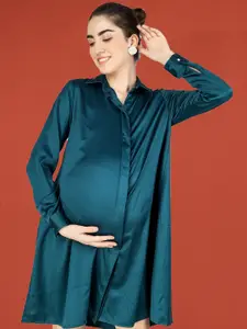 angloindu Green Satin Maternity Shirt Dress