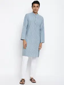 Fabindia Men Blue & White Pure Cotton Self Striped Kurta