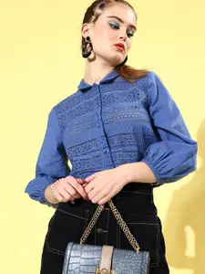 KASSUALLY Blue Schiffli Embroidered Shirt Style Crop Top