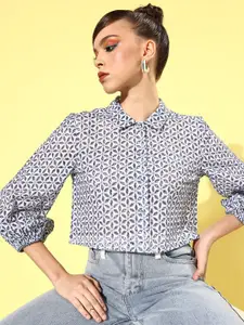KASSUALLY White & Blue Schiffli Embroidered Shirt Style Crop Top