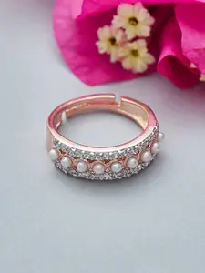 Voylla Rose Gold-Plated White CZ-Studded & Beaded Finger Ring