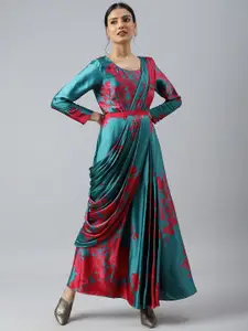 WISHFUL Women Green Satin Printed Fusion Maxi Dress