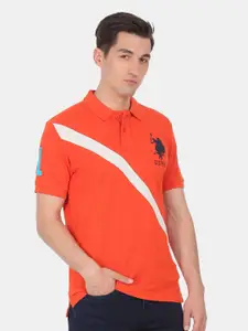 U.S. Polo Assn. U S Polo Assn Men Orange & White Varsity Printed Polo Collar T-shirt