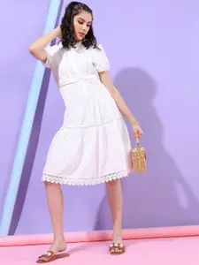 Tokyo Talkies Off White Self Design Midi Ruffle Dress