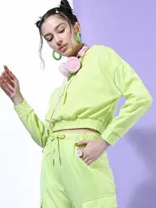 Tokyo Talkies Green Tie-Up Neck Blouson Hooded Crop Top