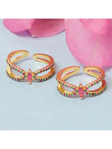 Voylla Set Of 2 Gold-Plated Green & Pink CZ Studded Adjustable Toe Rings