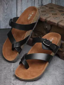 REFOAM Men Black & Brown Synthetic Leather Comfort Sandals