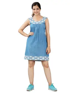 SUMAVI-FASHION Blue Linen Denim A-Line Dress