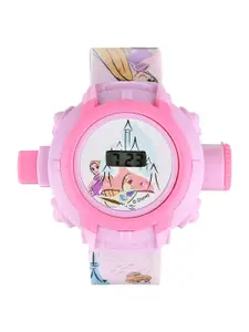 Disney Girls Frozen Pink & Purple Printed Dial & Multicoloured Straps Projector Watch