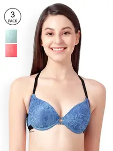 Susie Blue & Peach-Coloured Pack Of 3 Floral Bra Underwired Lightly Padded