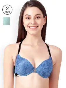 Susie Pack Of 2 Green & Blue Lace Underwired Lightly Padded Floral Bra