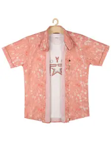 CAVIO Boys Peach-Coloured Floral Printed Casual Shirt