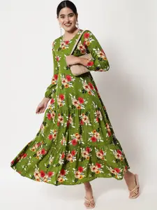 Yaadleen Olive Green Floral Crepe Maxi Dress