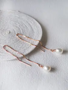 MANNASH Rose Gold Teardrop Shaped Drop Pearls Earrings