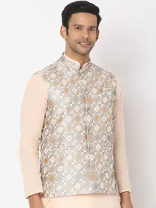 SALWAR STUDIO Men Grey Printed Woven Nehru Jackets